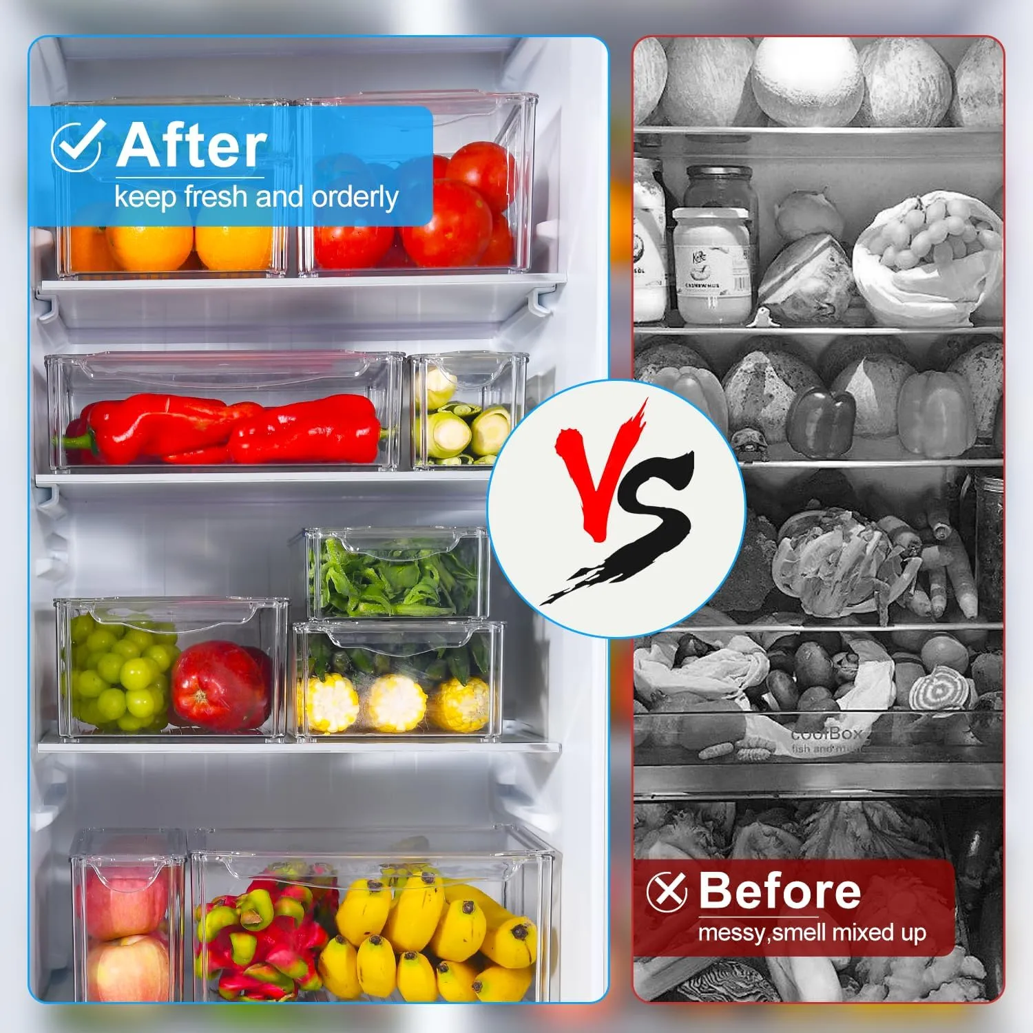 10 Pack Fridge Organizer, Stackable Refrigerator Organizer Bins with Lids, BPA-Free Produce Fruit Storage Containers for Storage Clear for Kitchen, Food, Drinks, Vegetable Storage