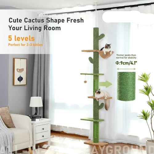 108" Cactus Adjustable Floor to Ceiling Cat Scratching Post / Tree / Pole - Green