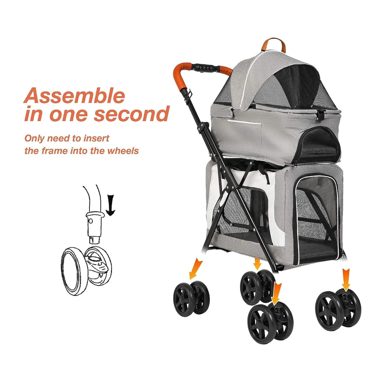 3 in 1 Double Seater Dog Stroller Pet Carrier with Detachable Carrier Dual Entry, Gray