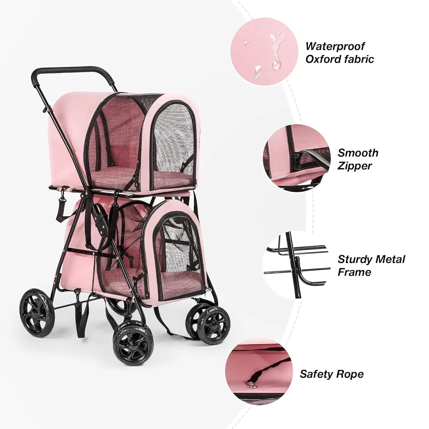 3-in-1 Double Seater Folding Dog Pet Stroller Kitten Puppy Carriages Detachable Carrier Bags, Pink