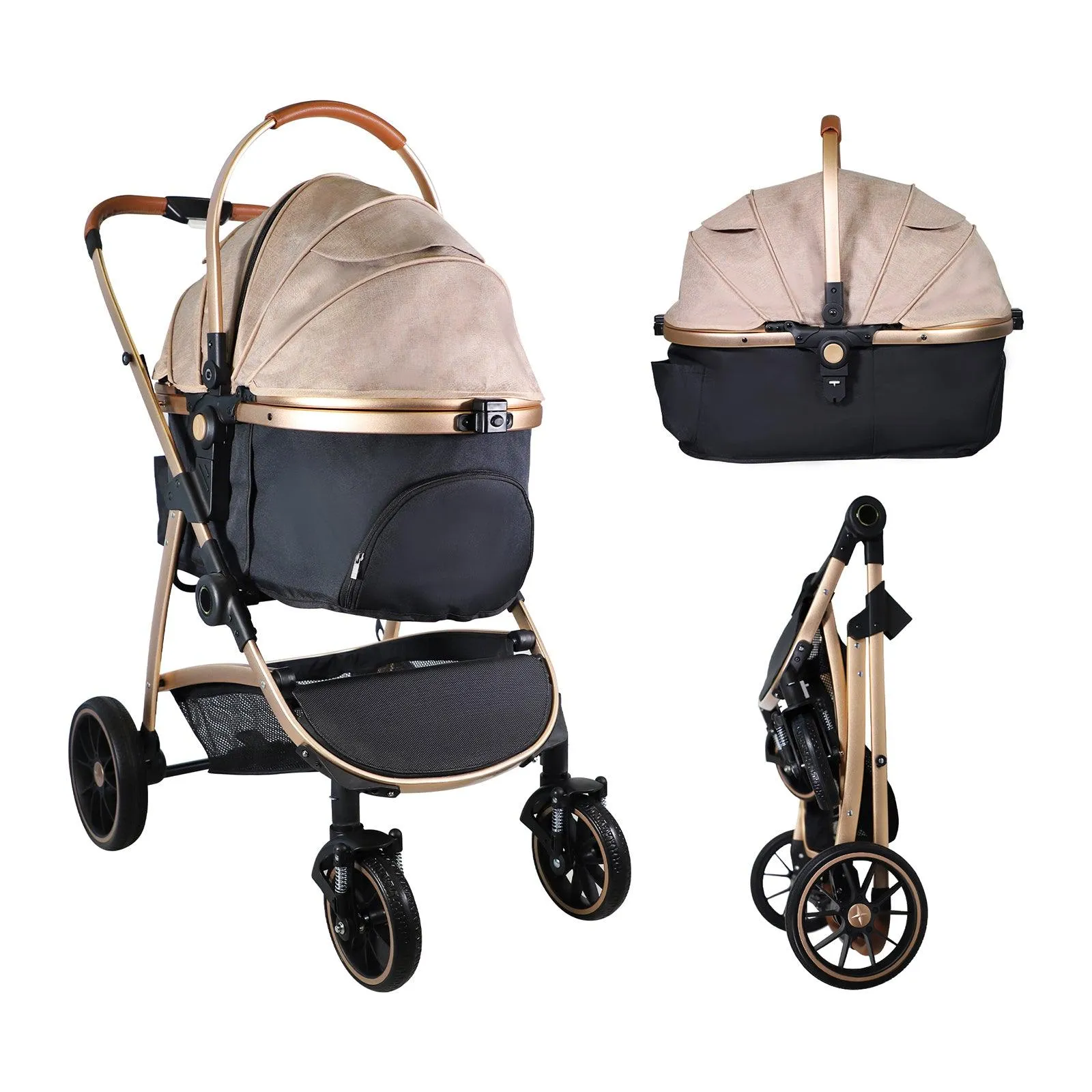 3 in 1 Travel Dog Stroller Pet Carrier with Detachable Carrier & Adjustable Handle, Gold