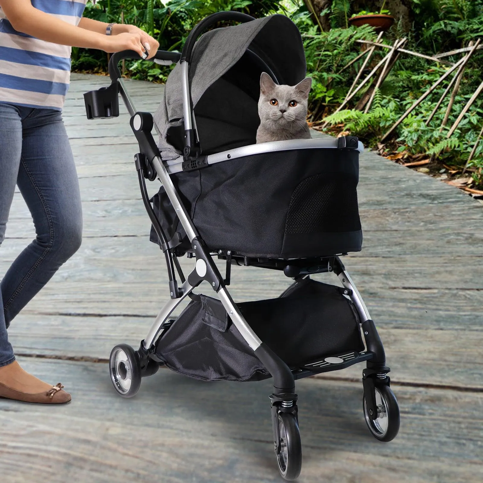 3 in 1 Travel Dog Stroller Pet Carrier with Detachable Carrier & Adjustable Handle, Gray