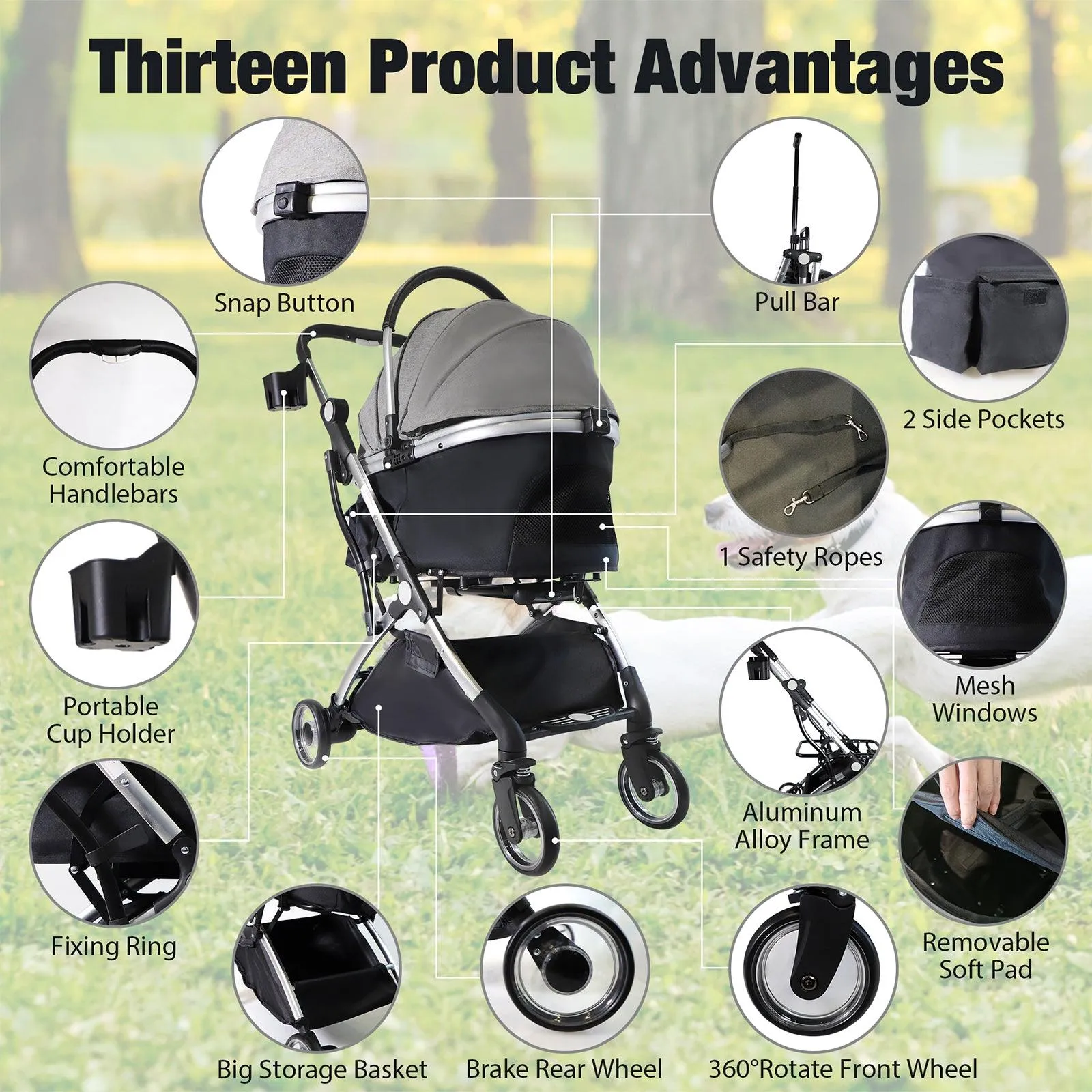 3 in 1 Travel Dog Stroller Pet Carrier with Detachable Carrier & Adjustable Handle, Gray