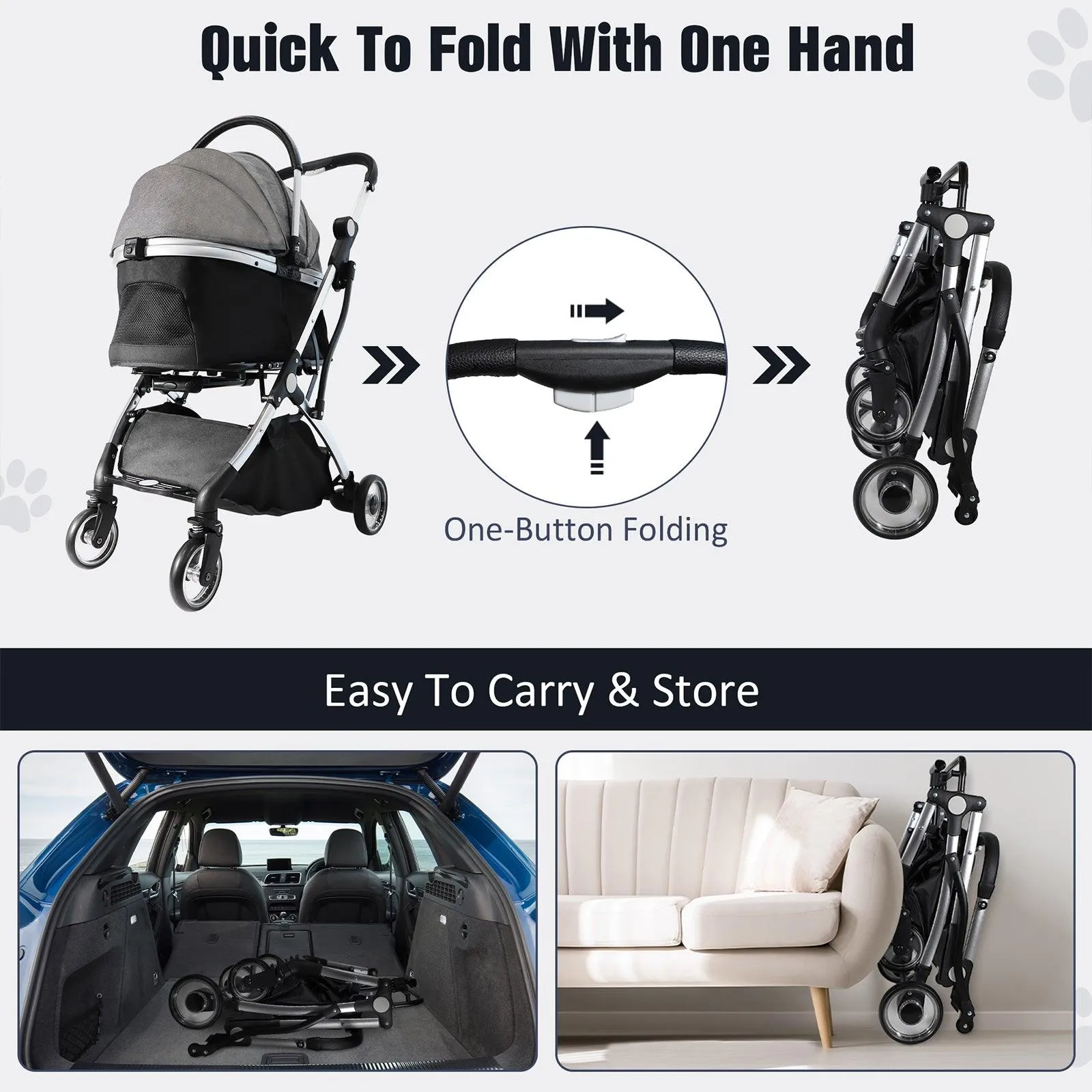 3 in 1 Travel Dog Stroller Pet Carrier with Detachable Carrier & Adjustable Handle, Gray