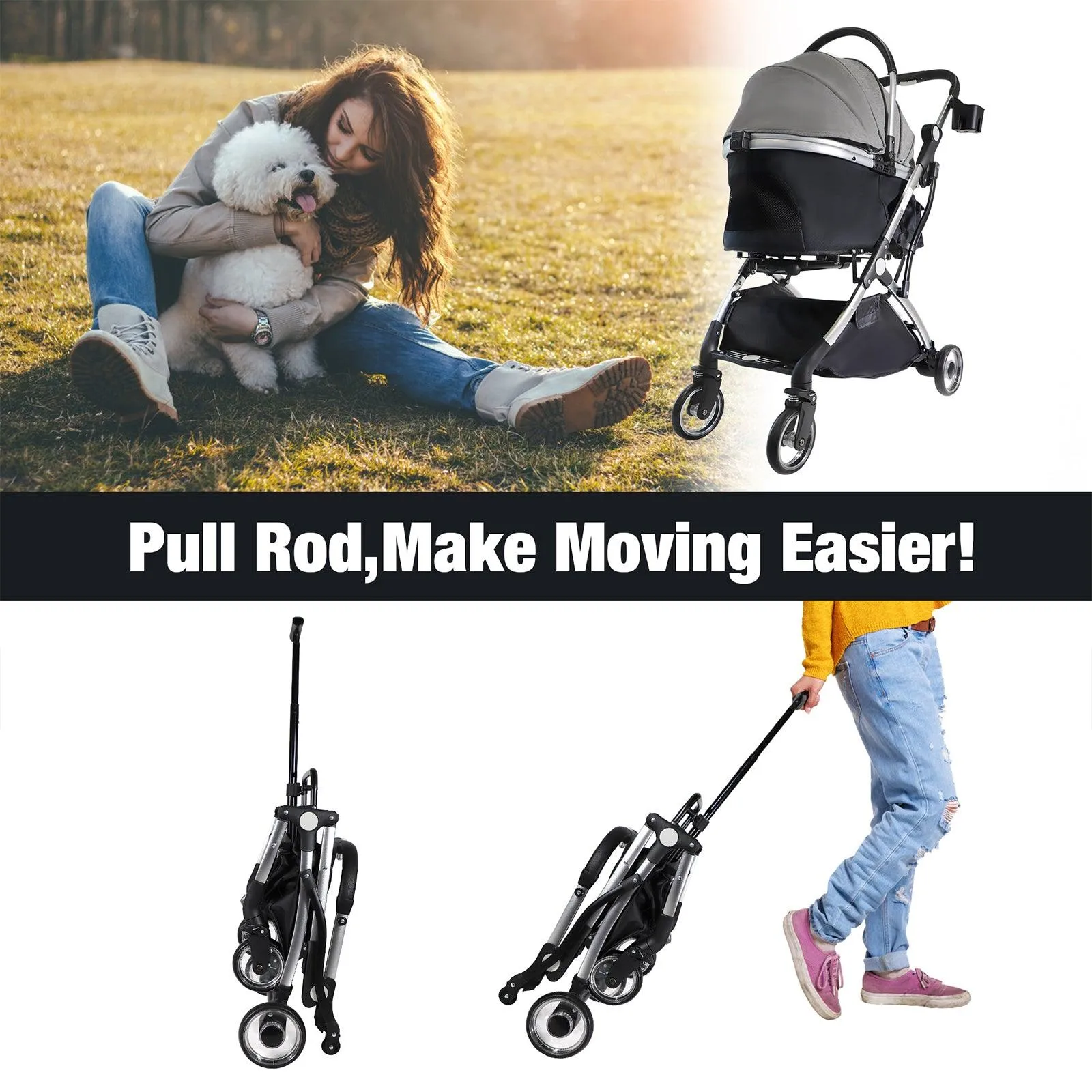 3 in 1 Travel Dog Stroller Pet Carrier with Detachable Carrier & Adjustable Handle, Gray