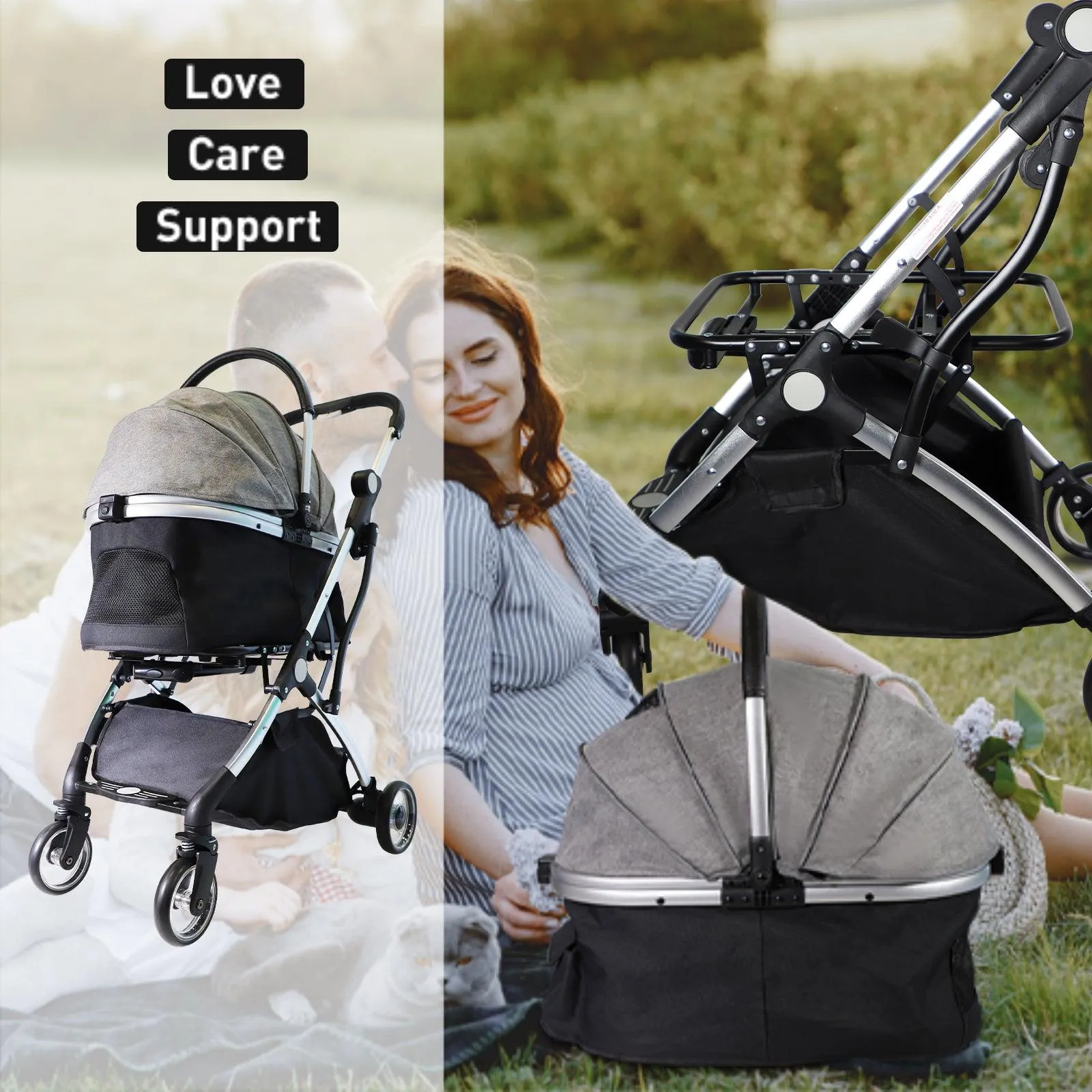 3 in 1 Travel Dog Stroller Pet Carrier with Detachable Carrier & Adjustable Handle, Gray