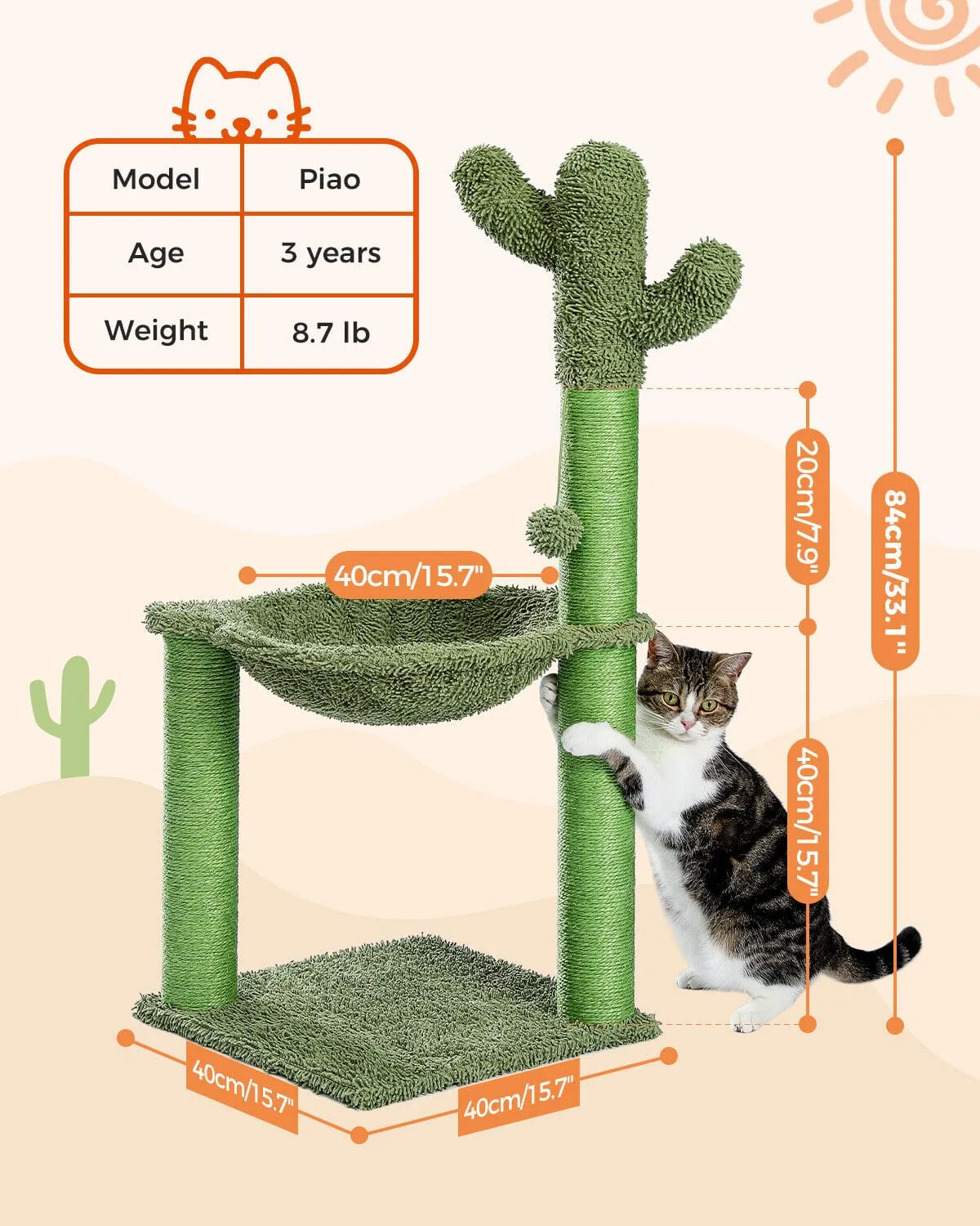 33" Cactus Cat Scratching Post / Tree / Pole - Green