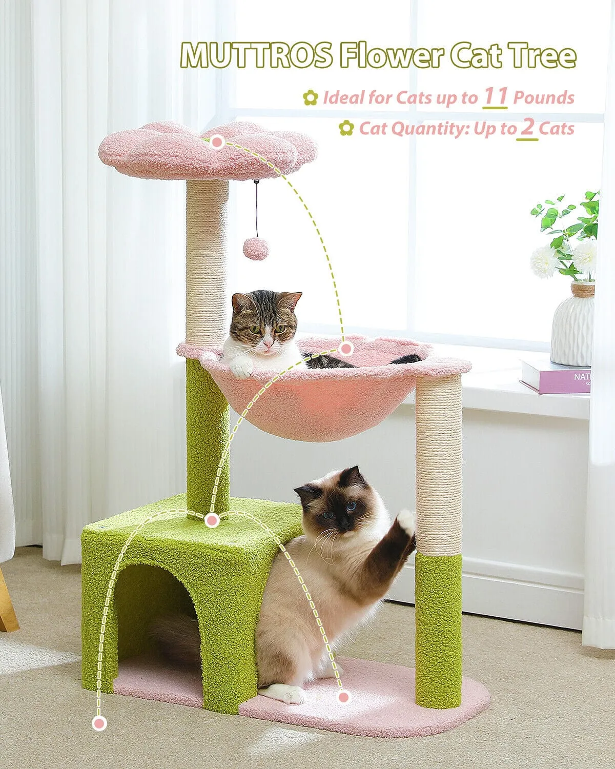 36.6" Flower Top Cat Scratching Tree Pink/ Green