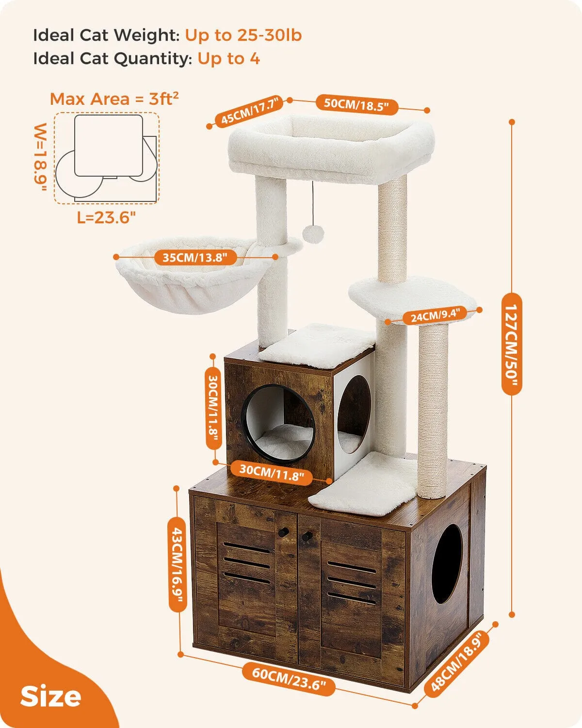 50" Cat Scratching Tree with Storage Cupboard