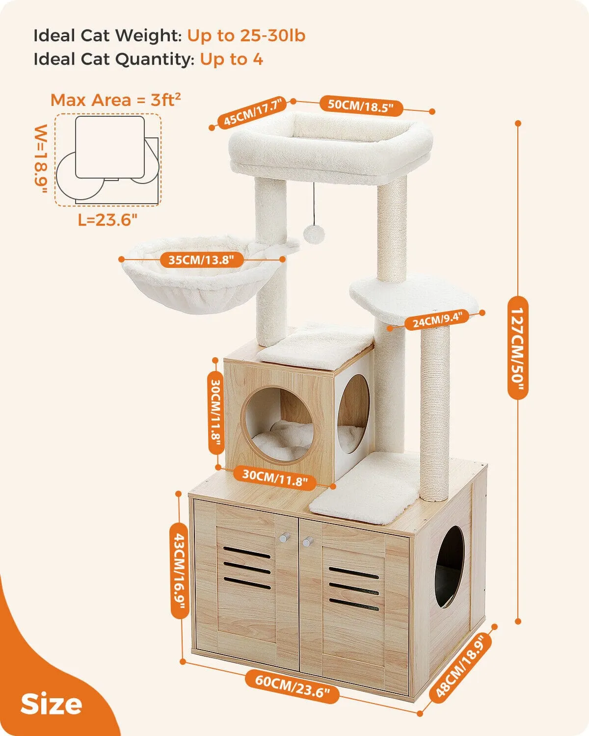 50" Cat Scratching Tree with Storage Cupboard