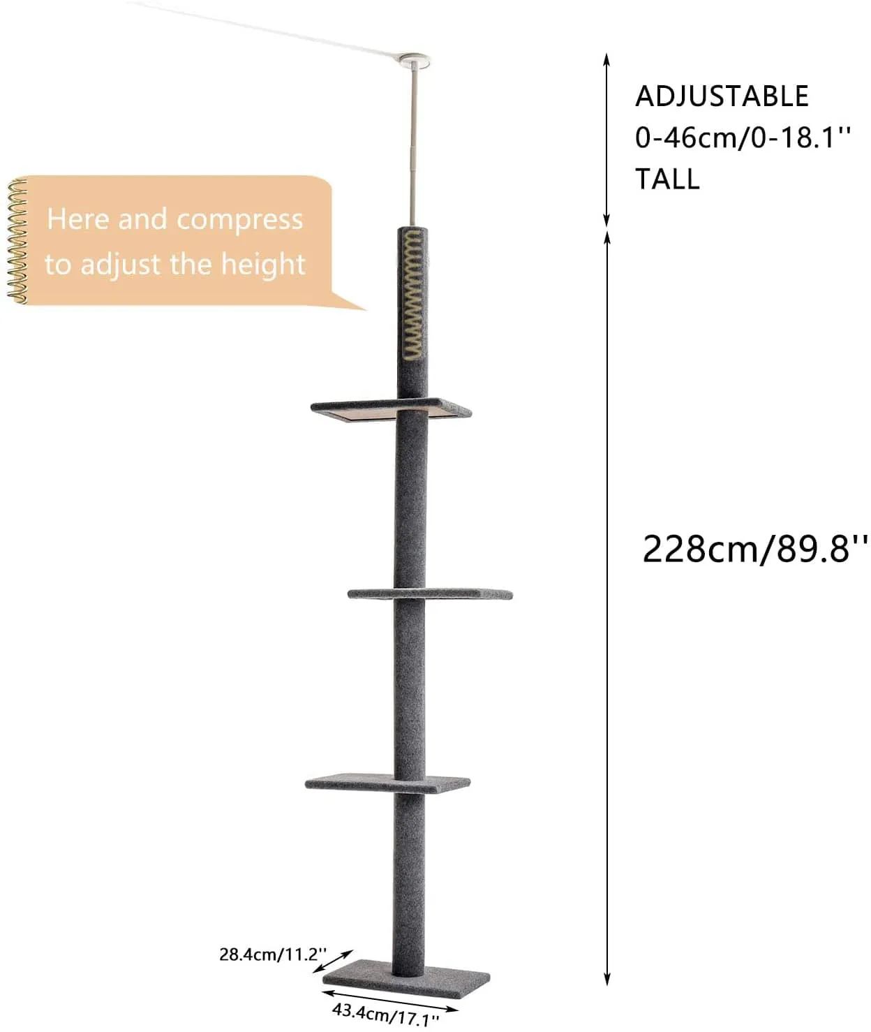 89.8" Floor To Ceiling Cat Scratching Post / Tree / Pole - Gray