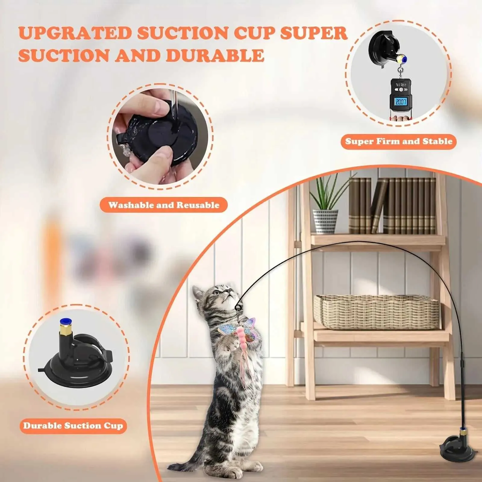 Cat Teaser Stick With Bell, Feather, Long Rod Suction Cup