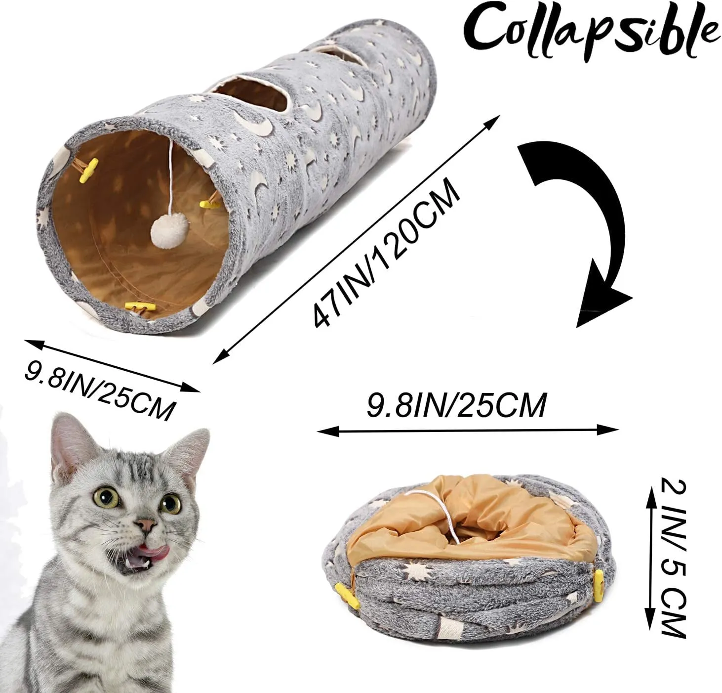 Cat Tunnel Tube with Plush Ball Toy - Collapsible Self-Luminous