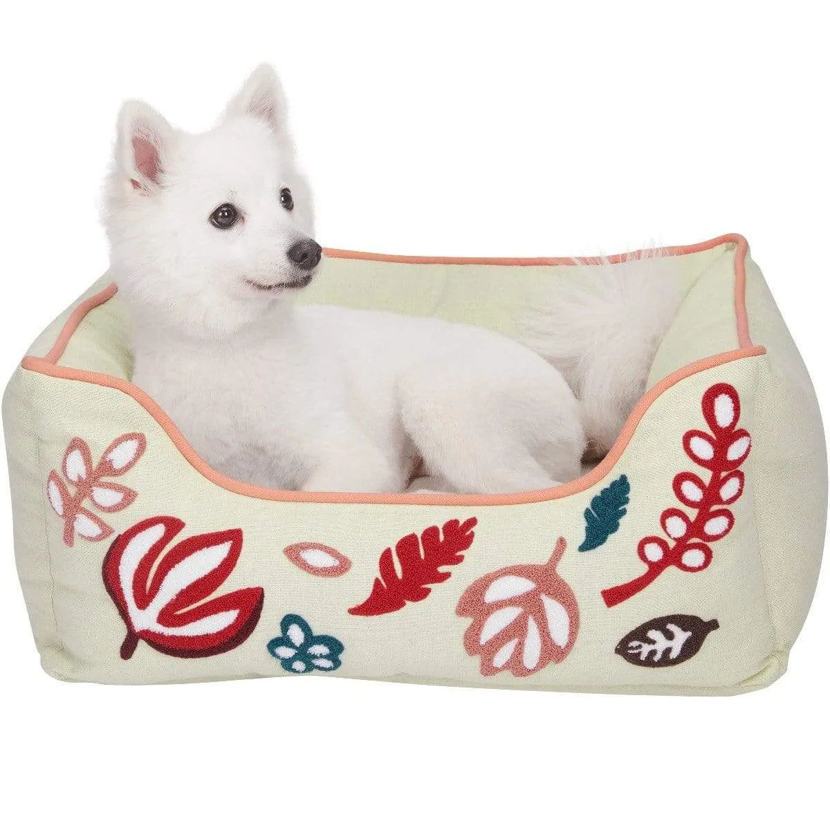 Cover-removable and Washable Embroidered Leaves Linen Dog Bed