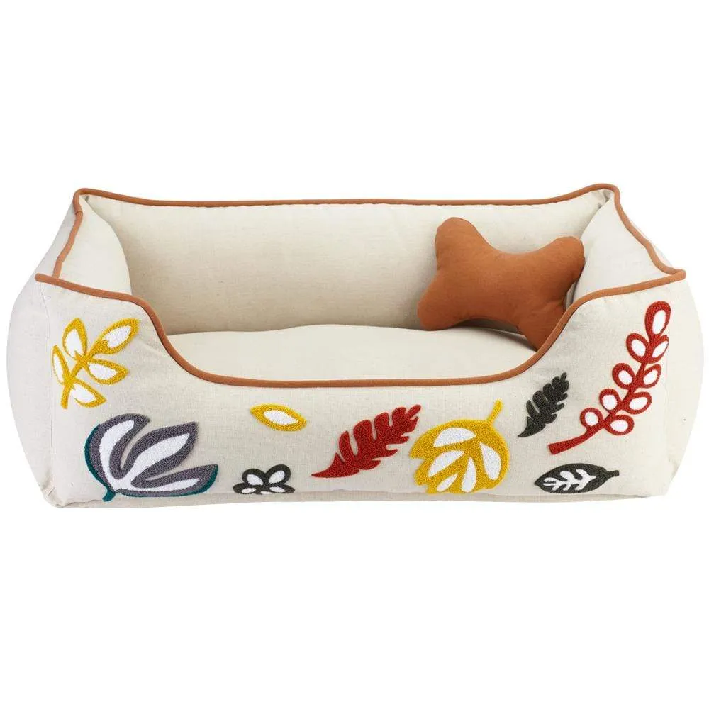 Cover-removable and Washable Embroidered Leaves Linen Dog Bed