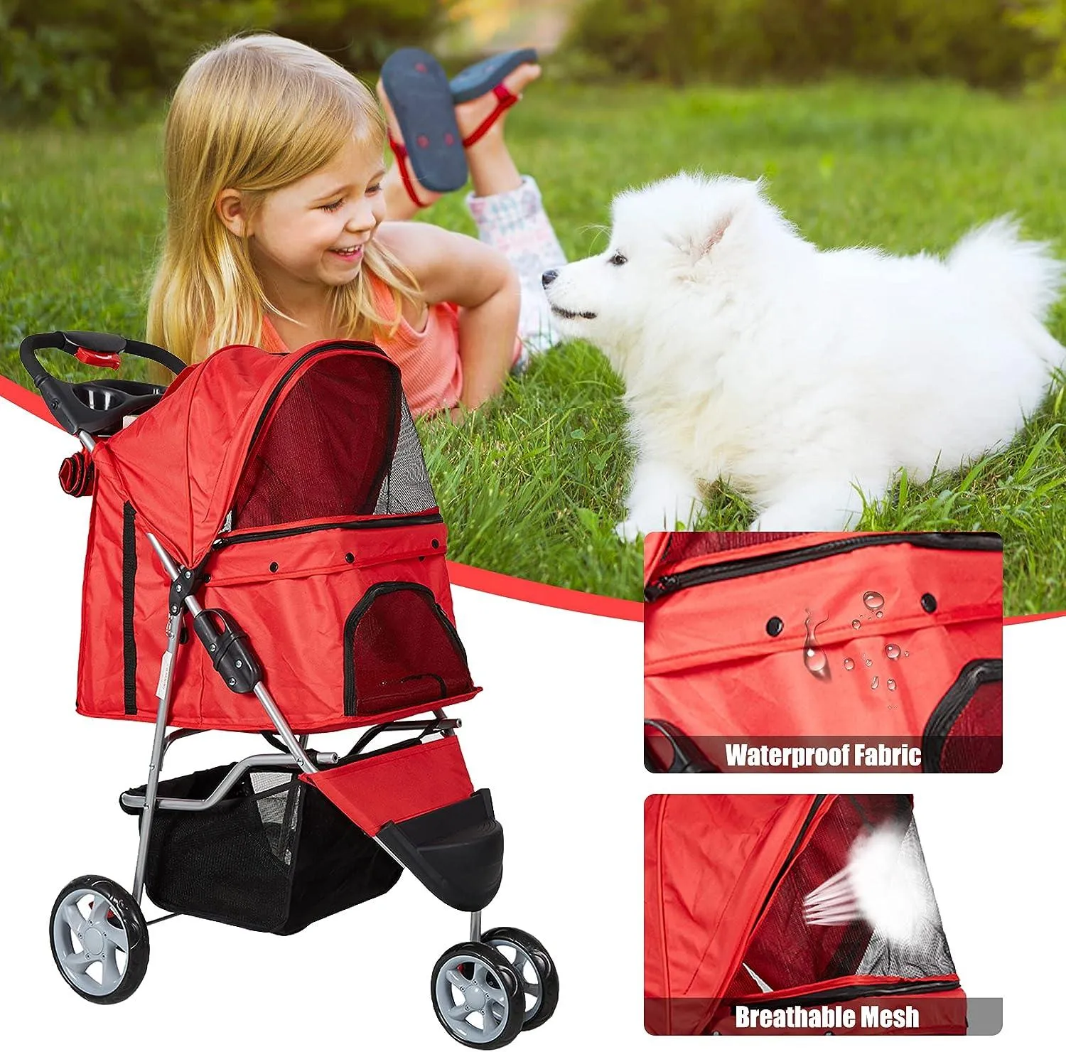 Dog Pet Jogger Stroller Folding Travel Carrier Cart for Small Cat Puppy, 3 Wheels