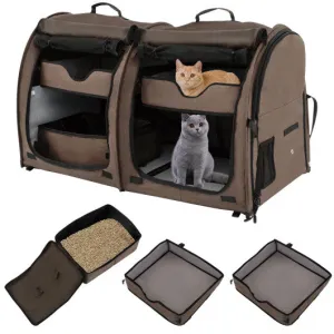 Double Compartment Pet Carrier with 2 Removable Hammocks-Brown