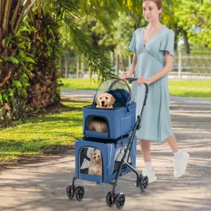 Double Pet Stroller Foldable 3-in-1 Dog Stroller with 2 Detachable Carriers-Blue