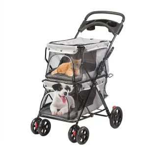 Double Seater Pet Stroller Folding Dog Stroller Travel Cage Stroller with Cup Holders Mesh Window, Gray