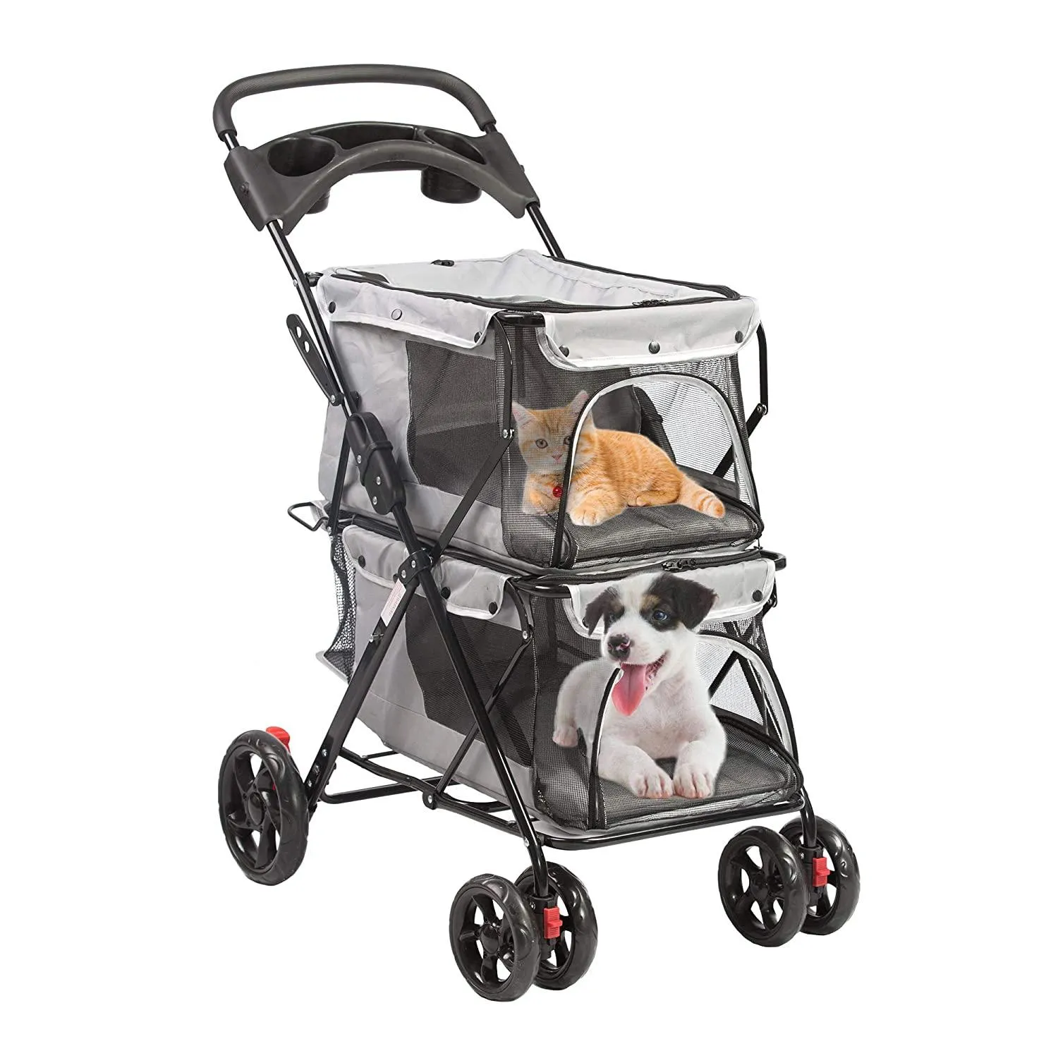 Double Seater Pet Stroller Folding Dog Stroller Travel Cage Stroller with Cup Holders Mesh Window, Gray