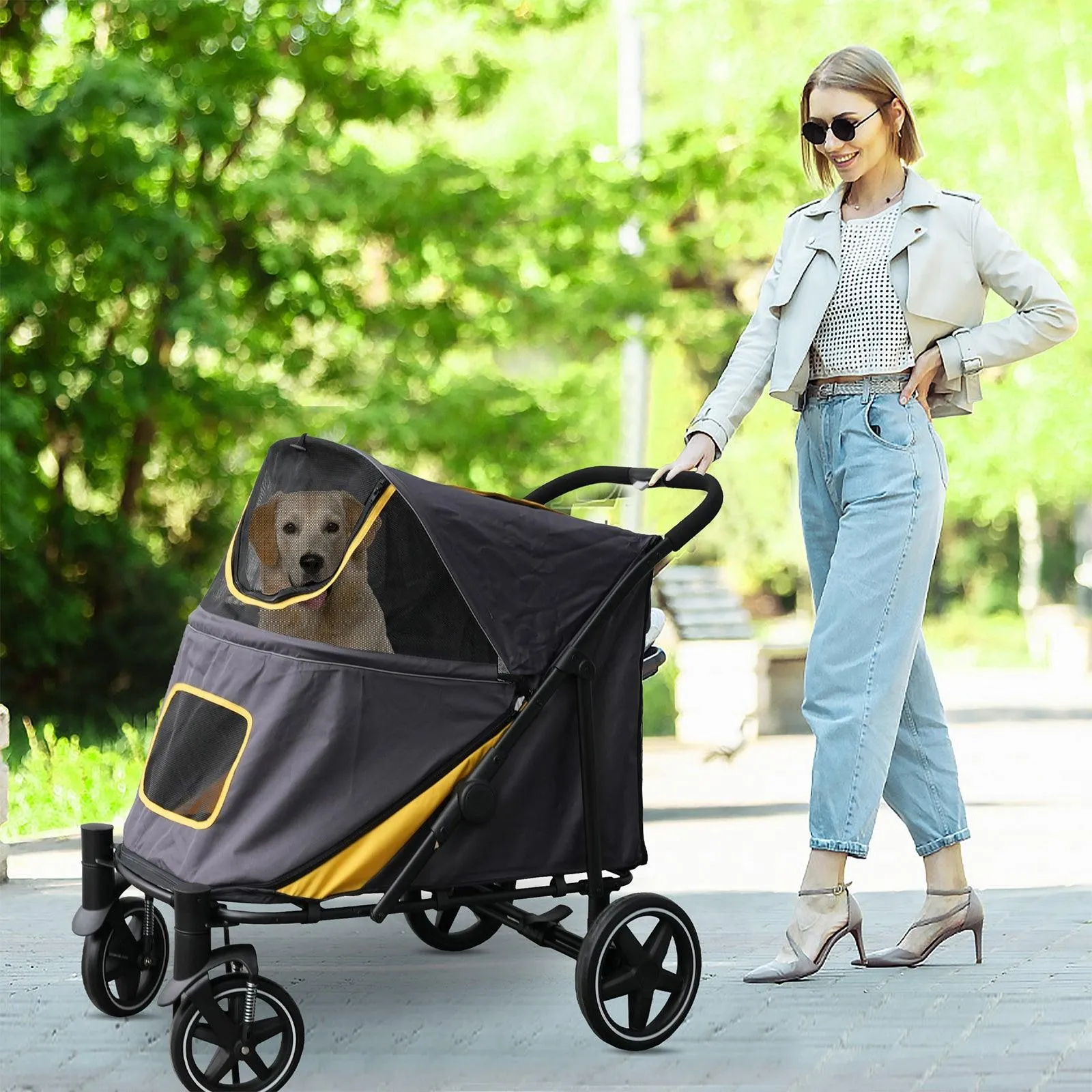 Foldable Pet Stroller Travel Carrier with Storage Pocket, Breathable Mesh, Gray and Yellow