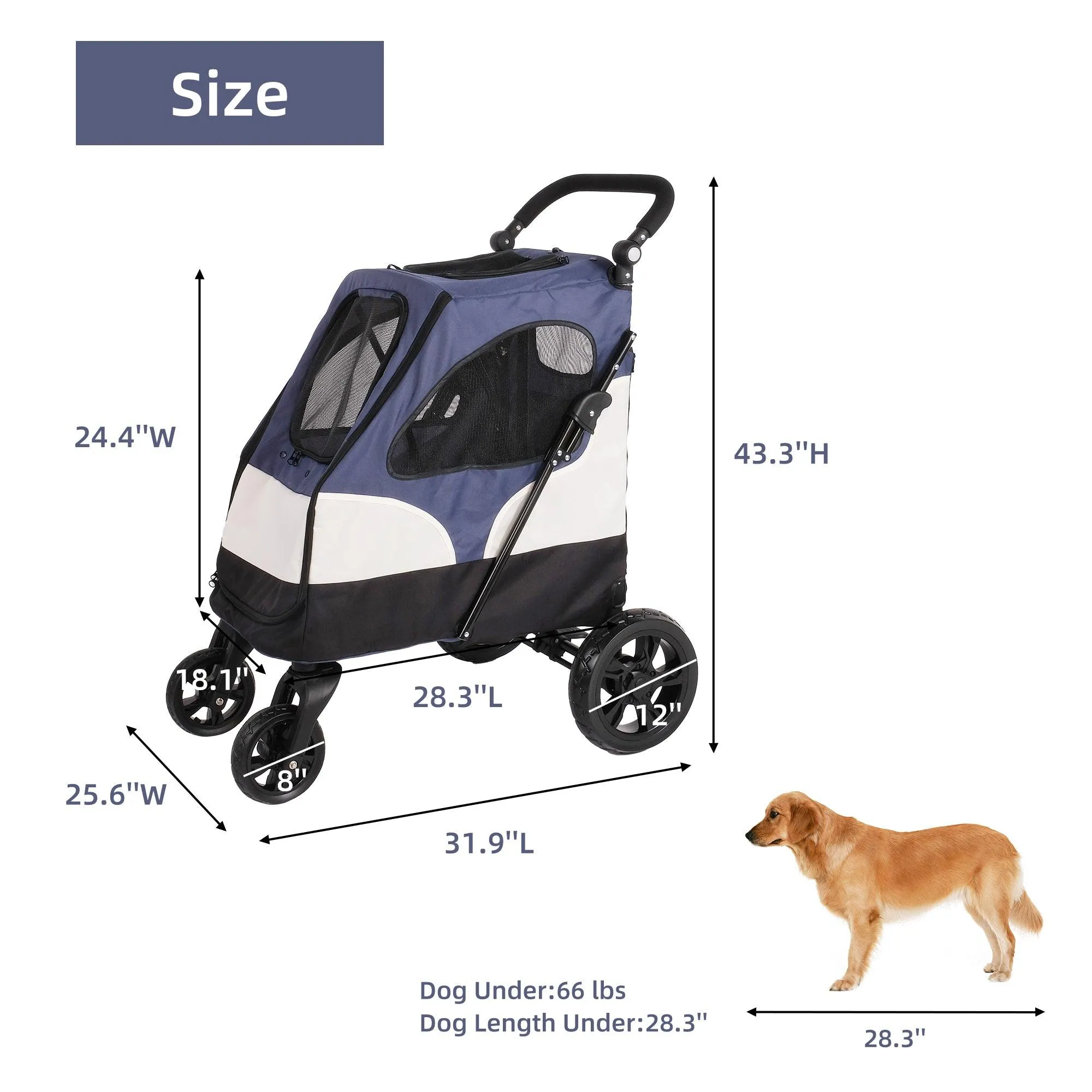 Foldable Travel Dog Stroller Pet Carrier with Adjustable Handle Mesh Window, Blue