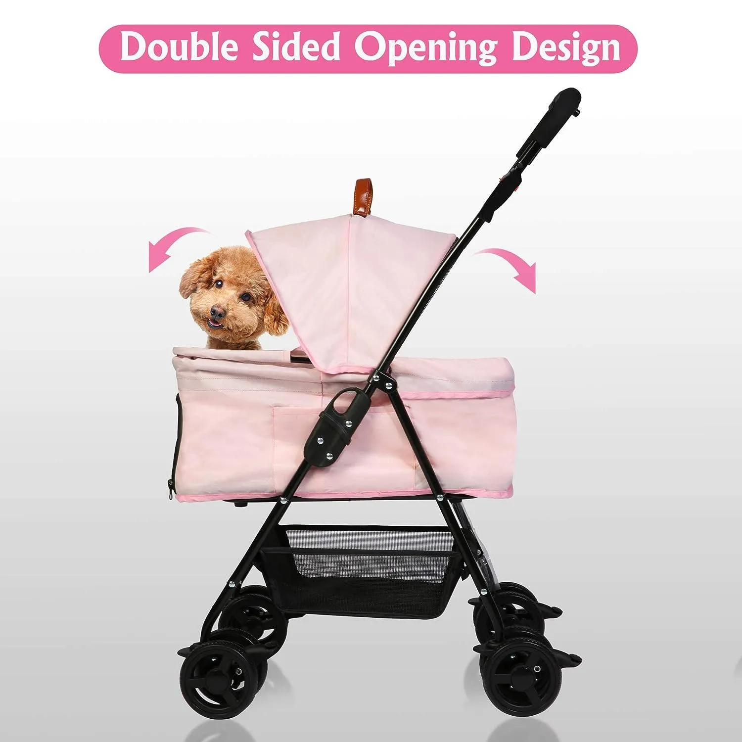 Folding Dog Stroller Carrier Pet Stroller with Storage Basket and Multiple Mesh Windows, Pink