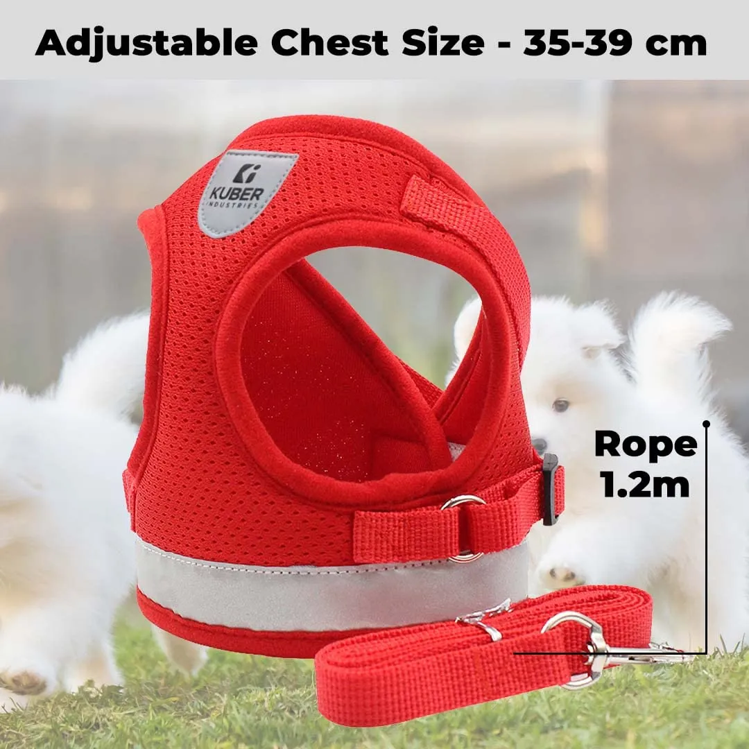 Homestic Reflective Dog Harness with Adjustable Leash|Breathable Polyester Mesh Fabric |Medium Size|HT-844|Comfortable No-Pull Grip|Quick Release Buckles|Easy On - Easy Off Harness|Red