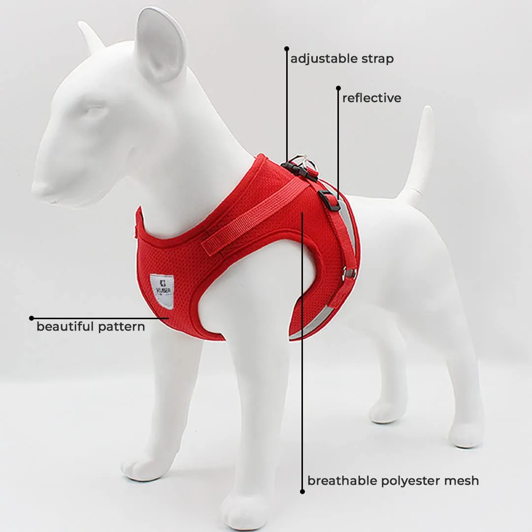 Homestic Reflective Dog Harness with Adjustable Leash|Breathable Polyester Mesh Fabric |Medium Size|HT-844|Comfortable No-Pull Grip|Quick Release Buckles|Easy On - Easy Off Harness|Red