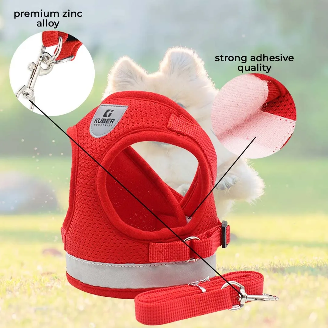 Homestic Reflective Dog Harness with Adjustable Leash|Breathable Polyester Mesh Fabric |Medium Size|HT-844|Comfortable No-Pull Grip|Quick Release Buckles|Easy On - Easy Off Harness|Red