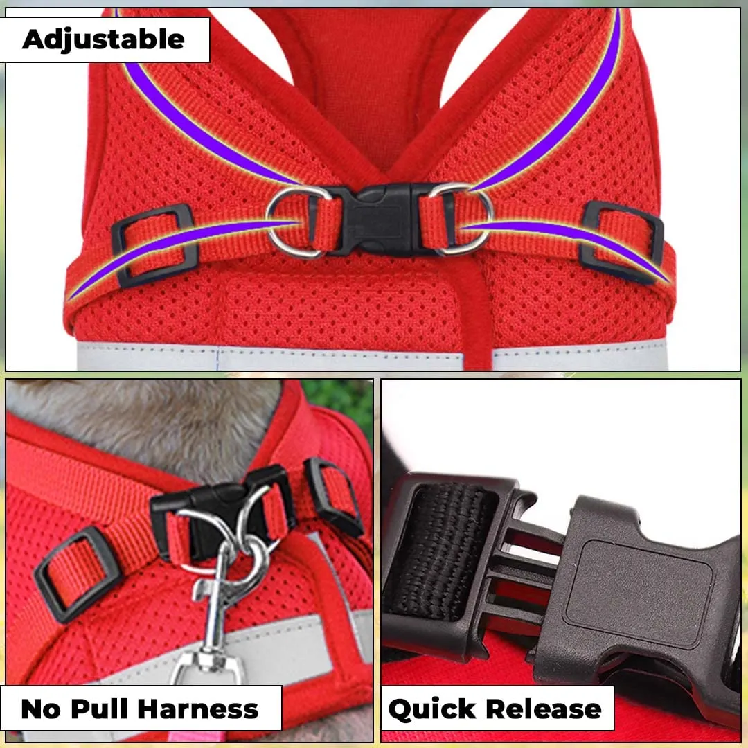 Homestic Reflective Dog Harness with Adjustable Leash|Breathable Polyester Mesh Fabric |Medium Size|HT-844|Comfortable No-Pull Grip|Quick Release Buckles|Easy On - Easy Off Harness|Red