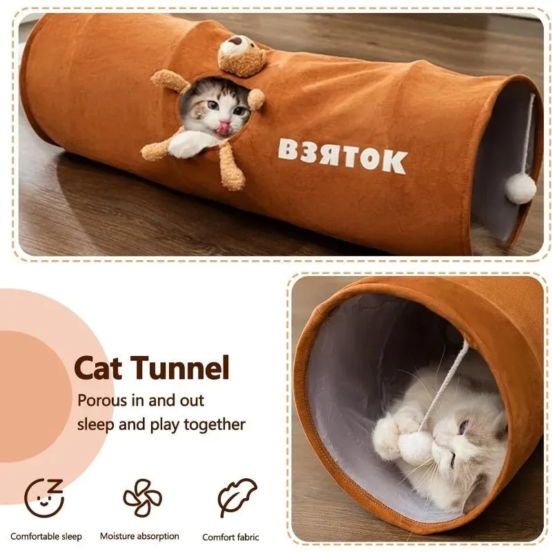 Indoor Collapsible Cat Kitty Tunnel Toys With Plush Ball Easy To Clean Cat Supplies