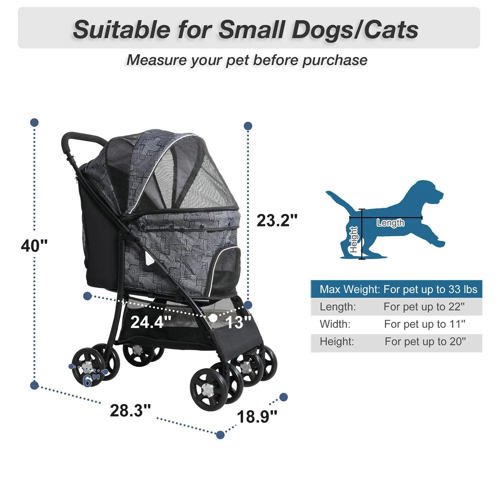 Lightweight Foldable Travel Carriage Pet Stroller with Storage Basket Breathable Mesh, Black