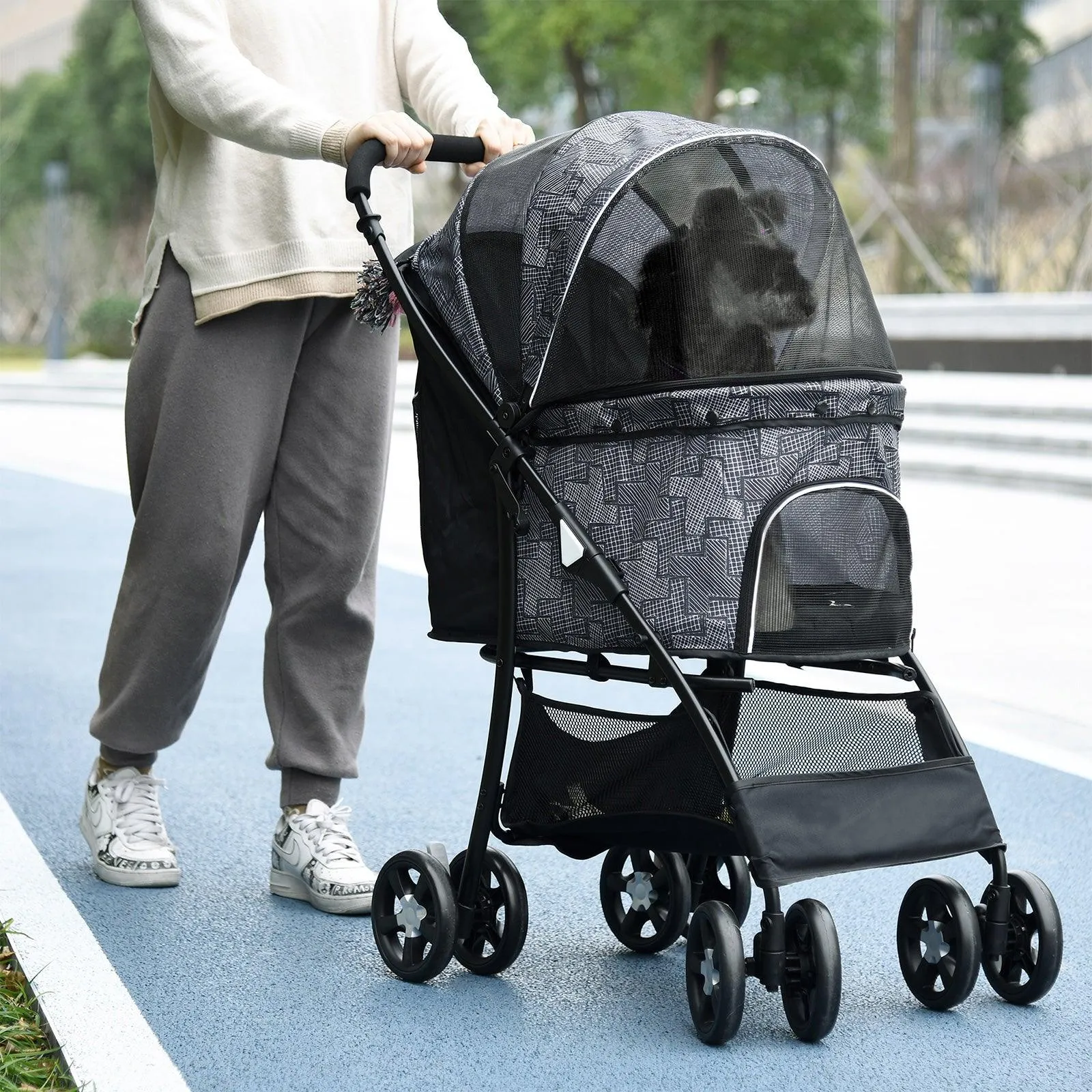 Lightweight Foldable Travel Carriage Pet Stroller with Storage Basket Breathable Mesh, Black