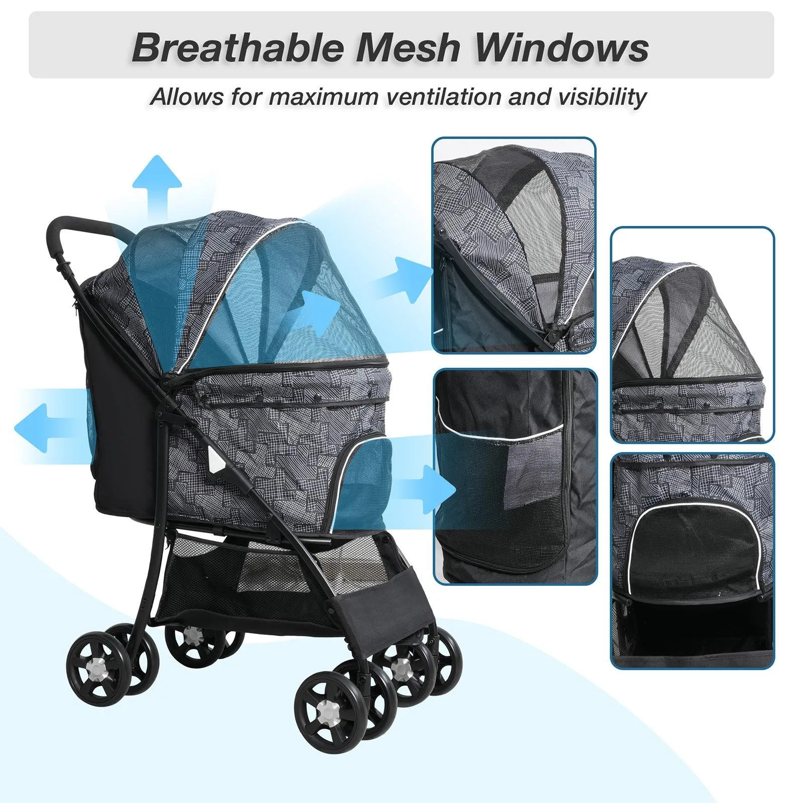 Lightweight Foldable Travel Carriage Pet Stroller with Storage Basket Breathable Mesh, Black