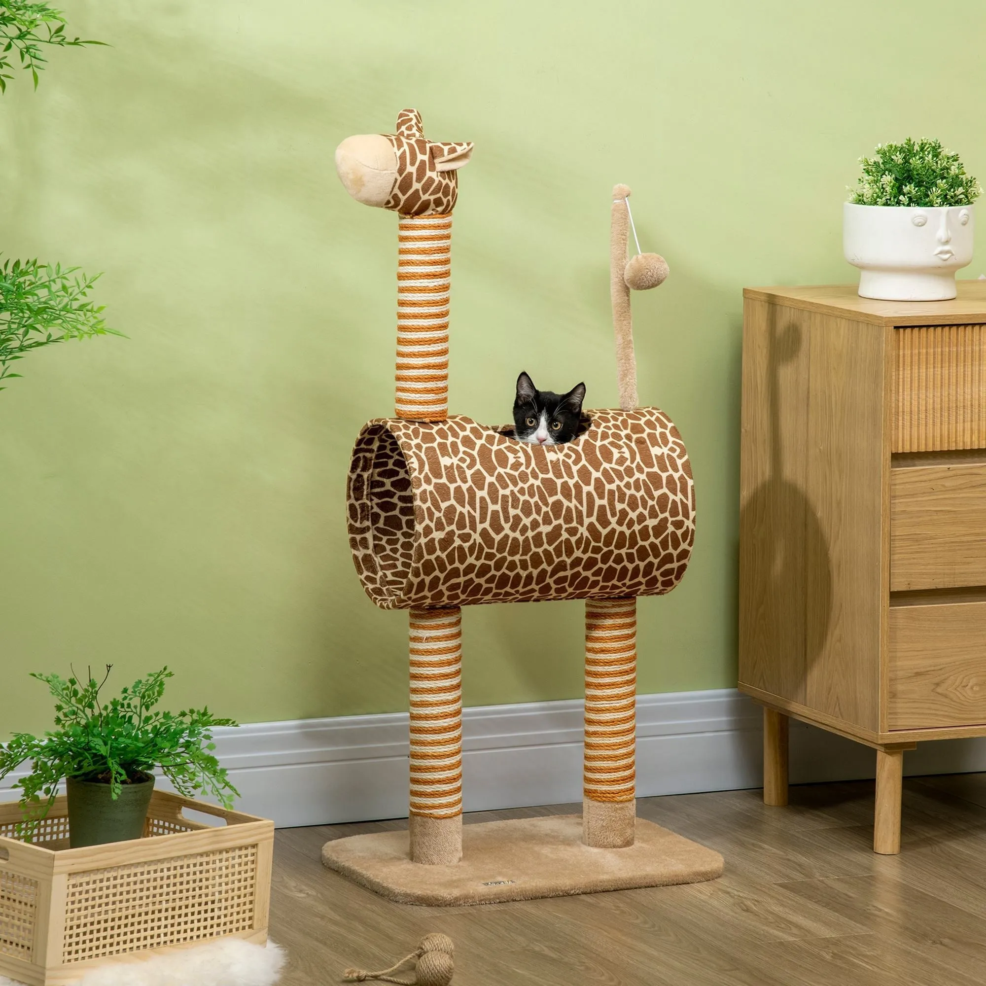 PawHut Cat Tree for Indoor Cats Cute Giraffe Kitten Play Tower with Scratching Posts Tunnel Ball Toy