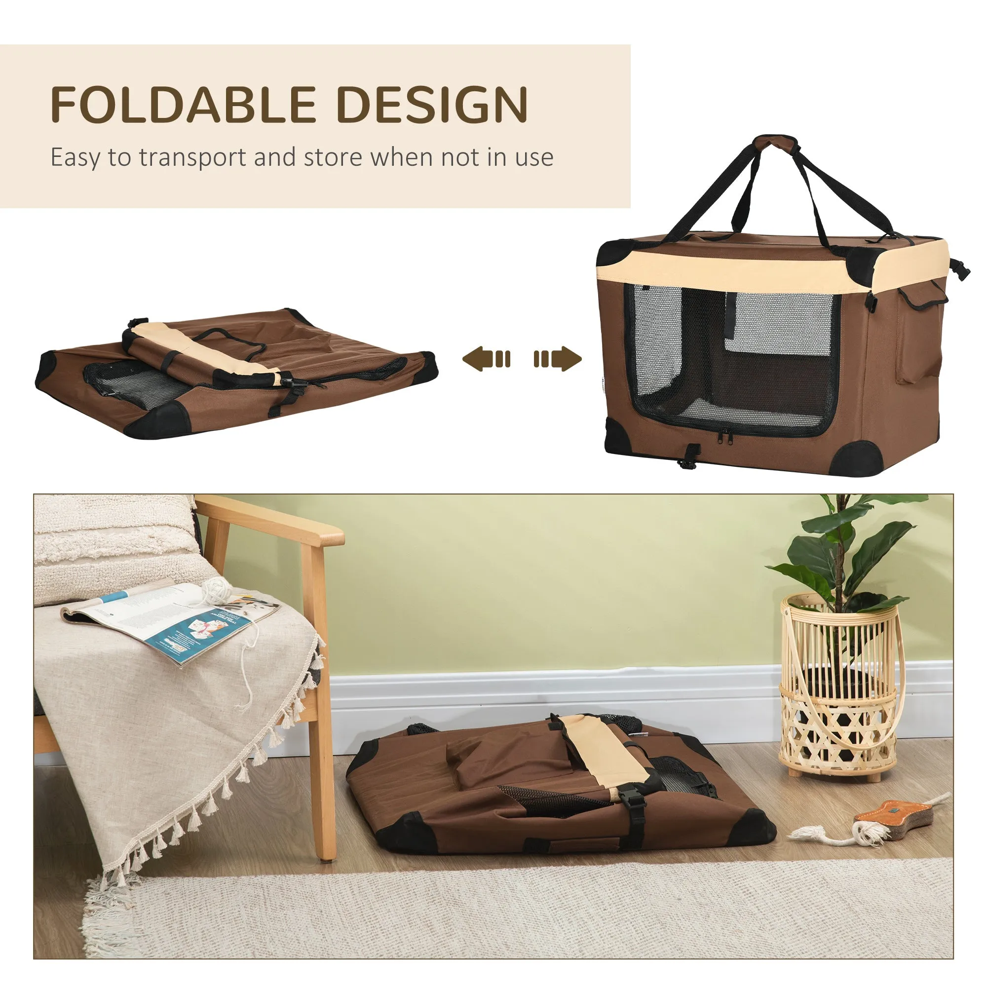 Pet Carrier, Foldable Cat Carrier Dog Bag with Cushion, for Small Dogs and Cats, 50 x 70 x 51 cm, Brown