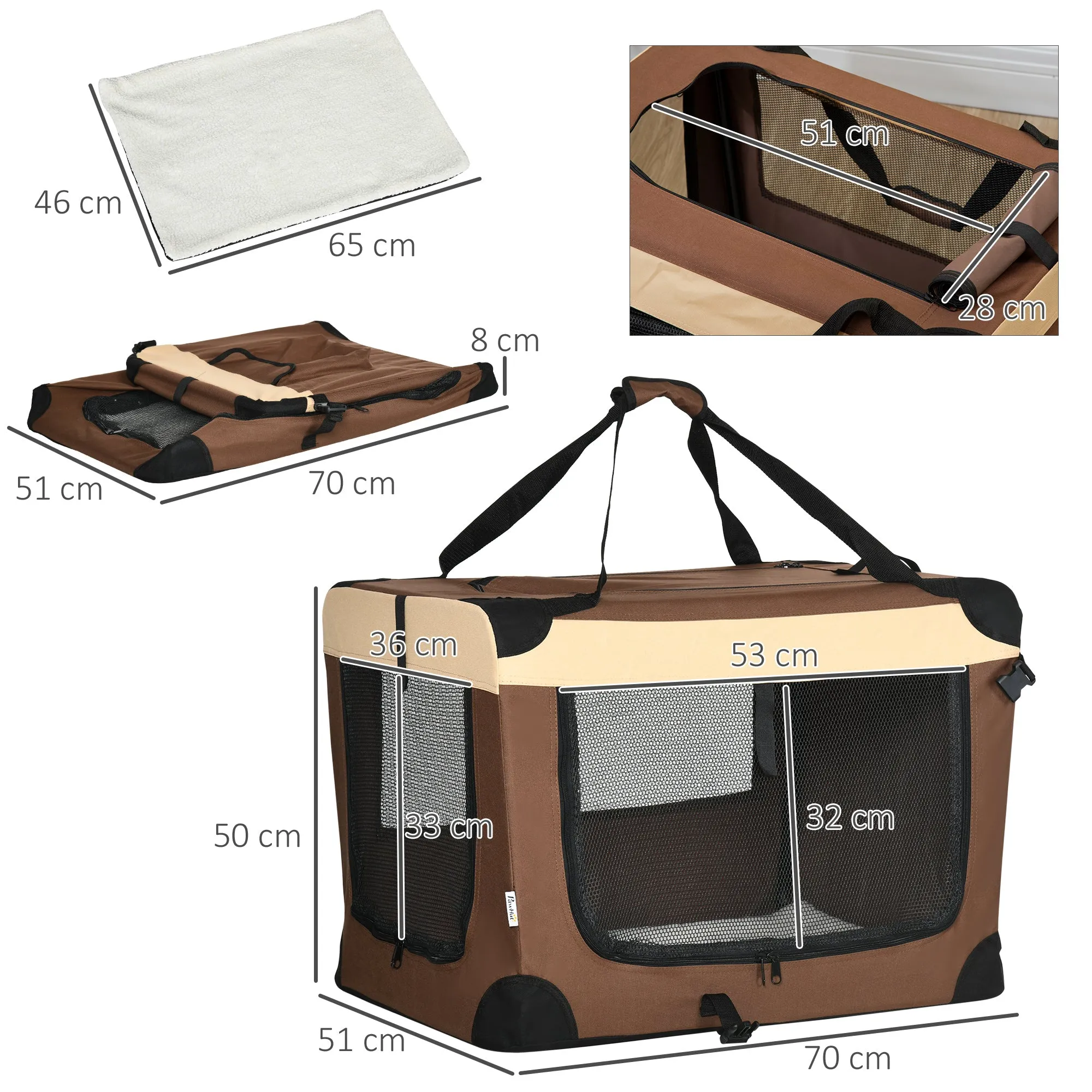 Pet Carrier, Foldable Cat Carrier Dog Bag with Cushion, for Small Dogs and Cats, 50 x 70 x 51 cm, Brown