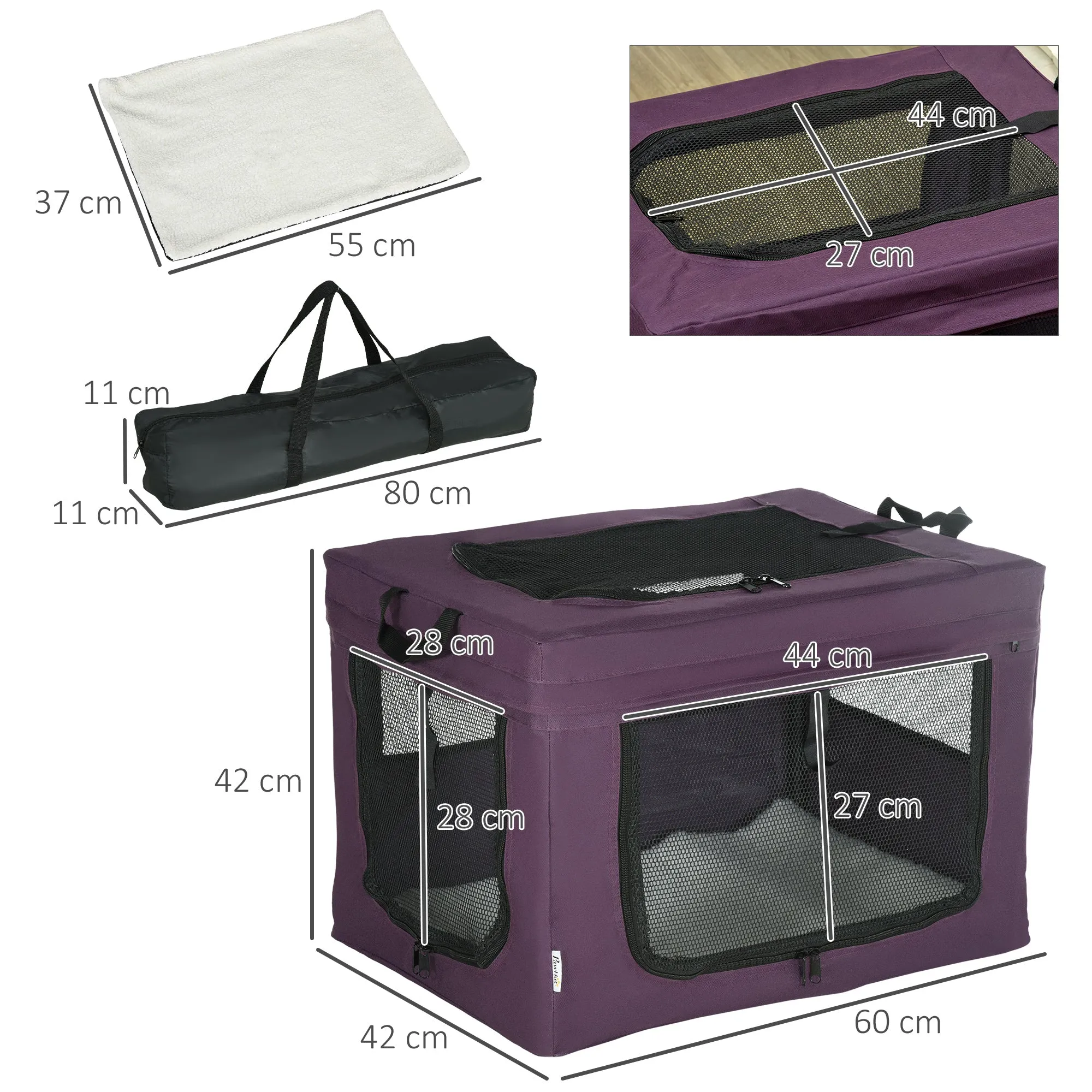 Pet Carrier Portable Cat Carrier Foldable Dog Bag for Miniature Dogs, 60 x 42 x 42 cm, Purple