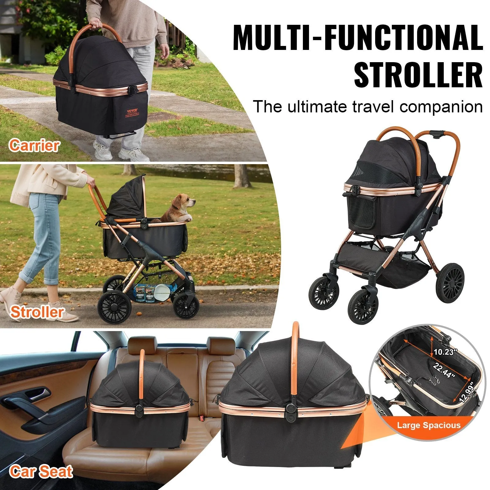 Pet Stroller 66 lbs Weight Capacity with Detachable Carrier for Small to Medium Dogs