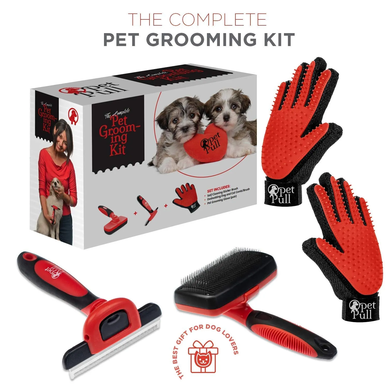 Professional Pet Grooming Combo: Self-Cleaning Slicker Brush, Shedding Fur Brush, Hair Remover Gloves