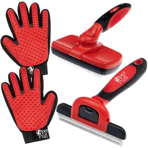 Professional Pet Grooming Combo: Self-Cleaning Slicker Brush, Shedding Fur Brush, Hair Remover Gloves